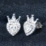 Heart and Crown Mismatch Stud Moissanite Earrings in Sterling Silver