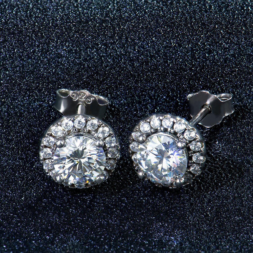 P1966088 拷贝 Round Moissanite Elegant Halo Stud Moissanite Earrings - Image 1