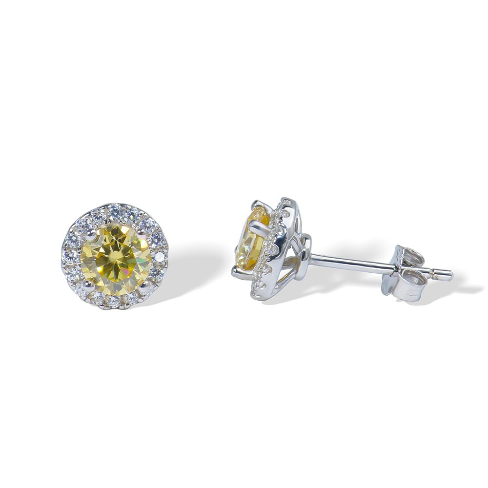 3 Halo Fancy Canary Yellow Moissanite Studs Earrings - Image 1