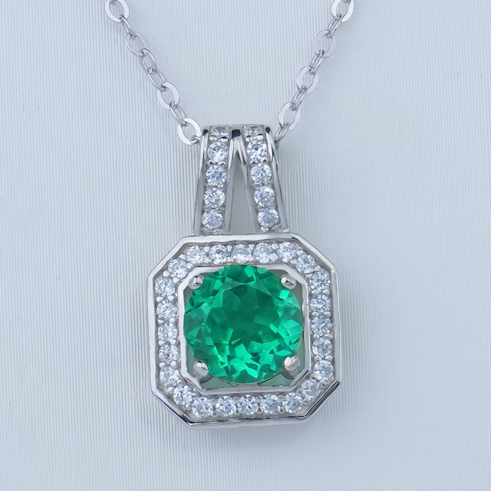 P1307632 拷贝 Lab Grown Colombian Emerald Square Pendant 925 Sterling Silver - Image 1