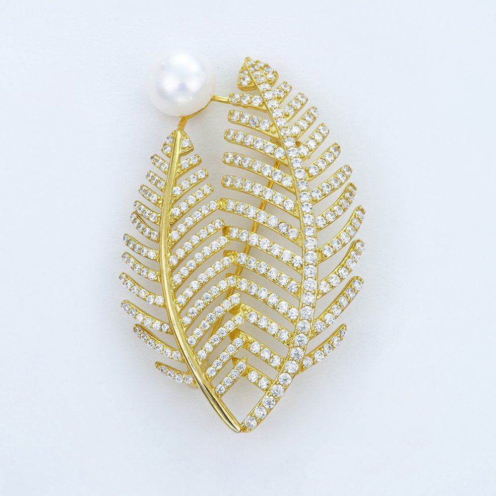 P2831679 拷贝 Pearl gold double leaf brooch - Image 1