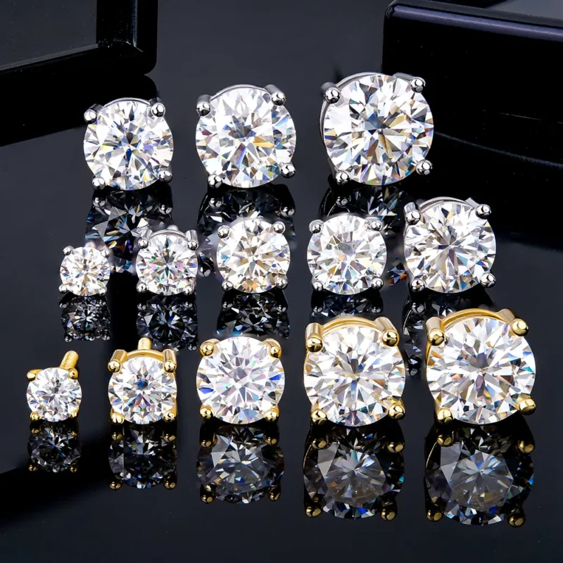 Moissanite Stud Earrings – 4-Prong Round Cut Screw Back 925 Silver