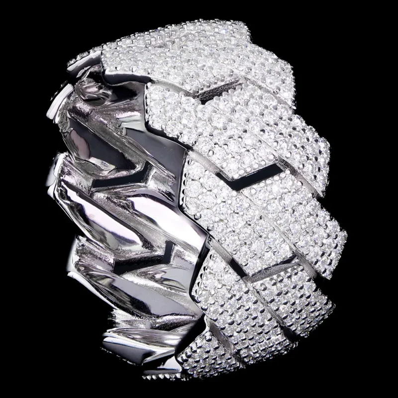 Iced Out 3-Row Cuban Zigzag Ring Moissanite 925 Silver Men's