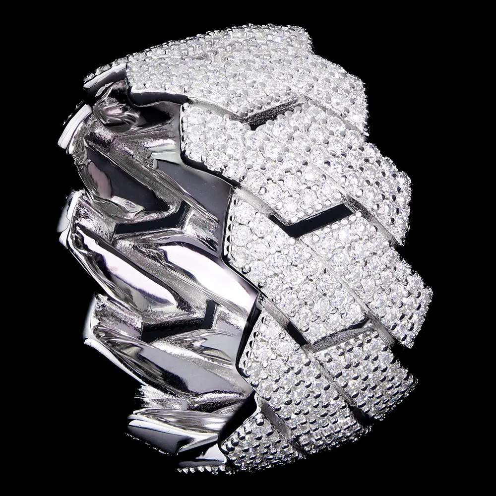 Iced Out 3-Row Cuban Zigzag Ring Moissanite 925 Silver Men's Iced Out 3-Row Cuban Zigzag Ring Moissanite 925 Silver Men's