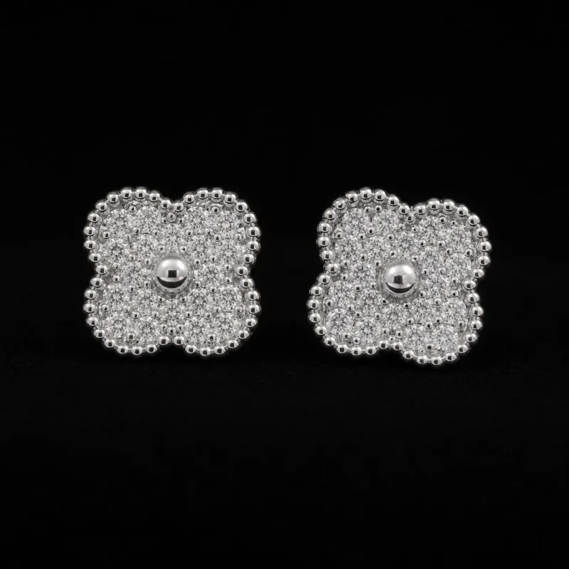 Four Leaf Clover Moissanite Stud Earrings – Pave 925 Silver
