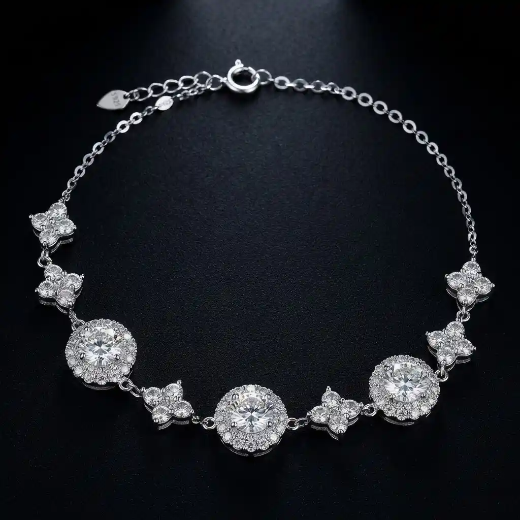 2119ff5f-9406-4af7-a2dd-a27f3a908b5b Round Halo Moissanite Charm Bracelet 925 Silver - Image 1