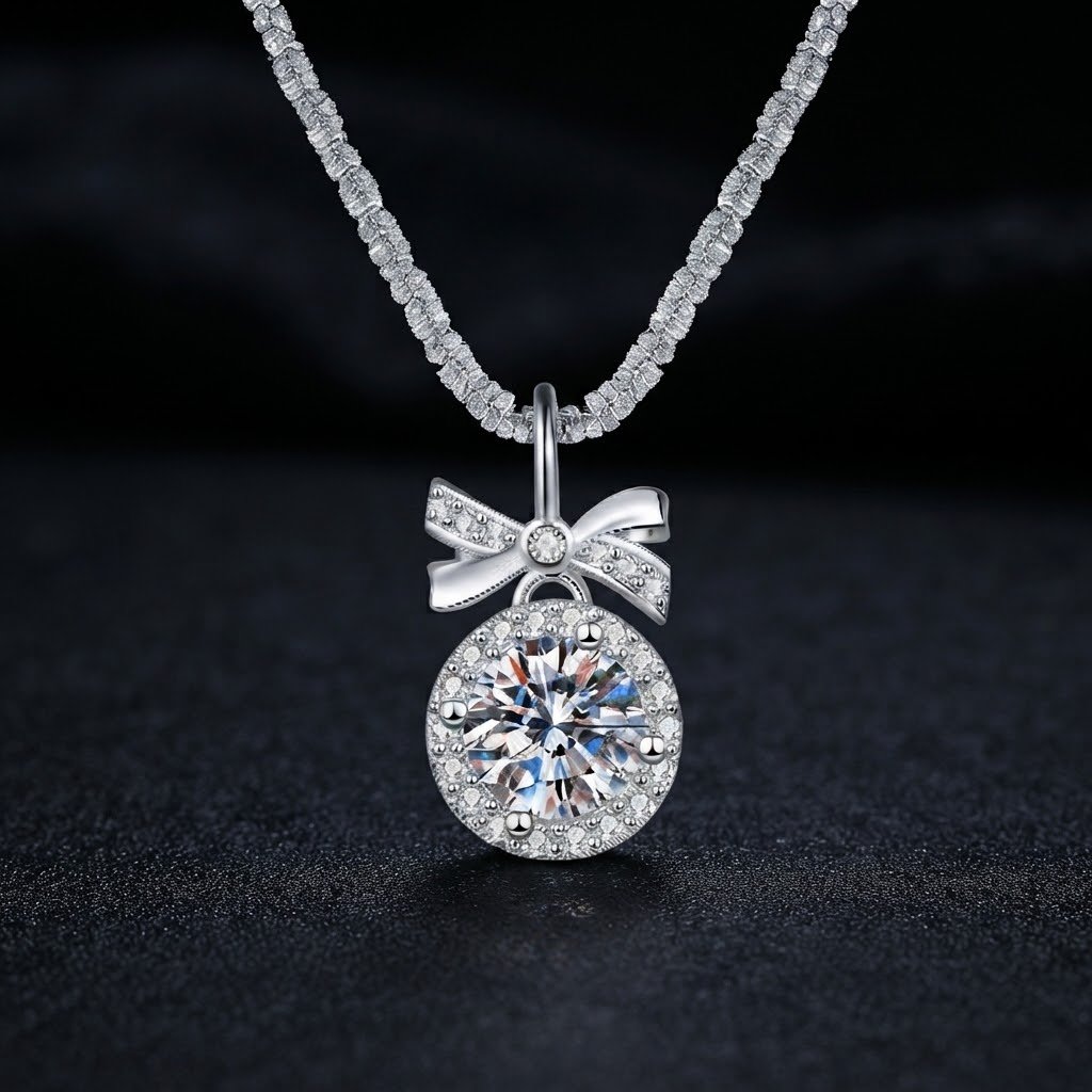 3284ef3c-db3c-4417-8f63-816d584bbfa5 Luxury Bow Knot Princess Moissanite Pendant Necklace 925 Silver - Image 1