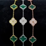 Green Agate Moissanite Clover Bracelet 925 Silver