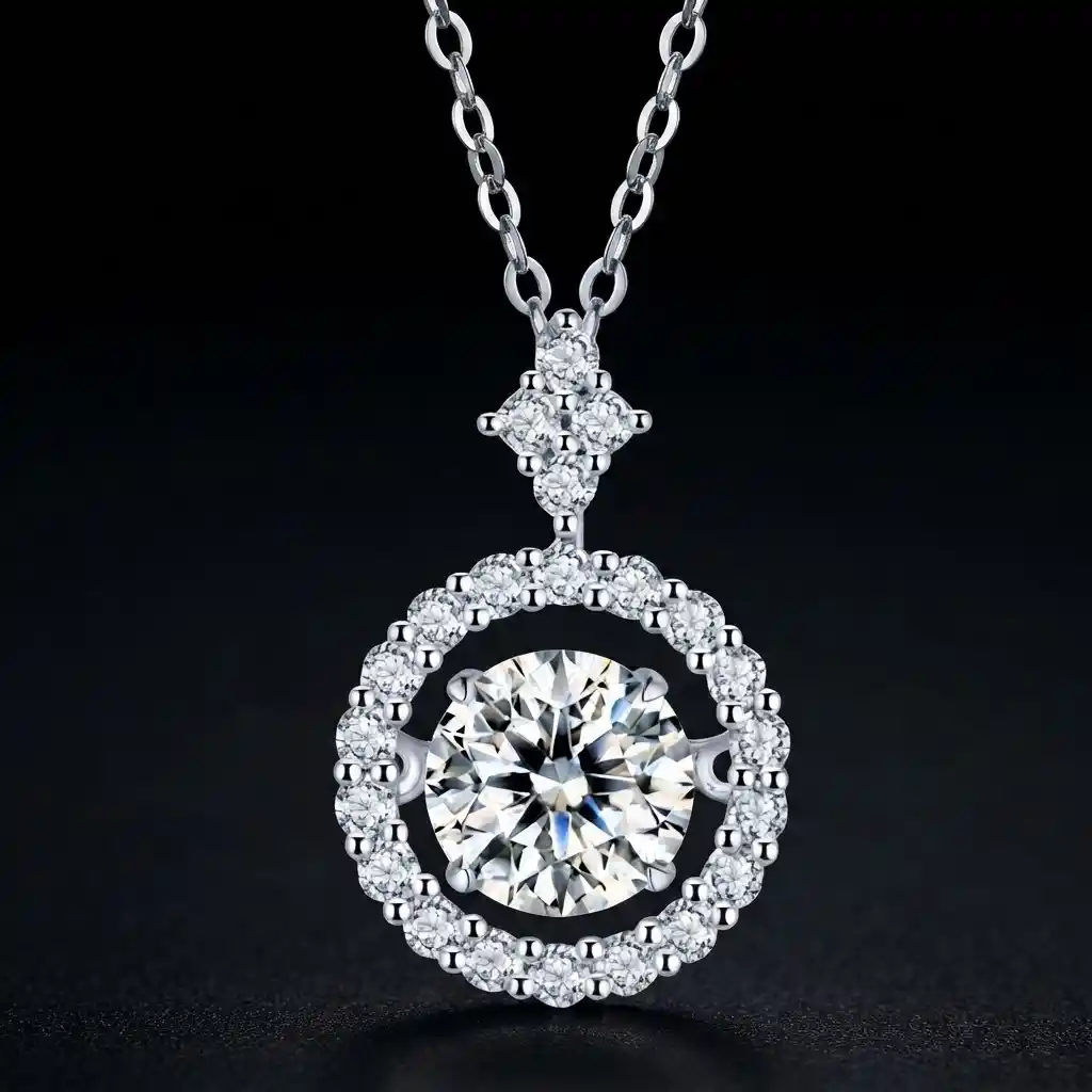 b9170e91-03cc-4ec3-a5bb-de9625c81262 Luxury Dancing Stone Halo Moissanite Pendant Necklace 925 Silver - Image 1