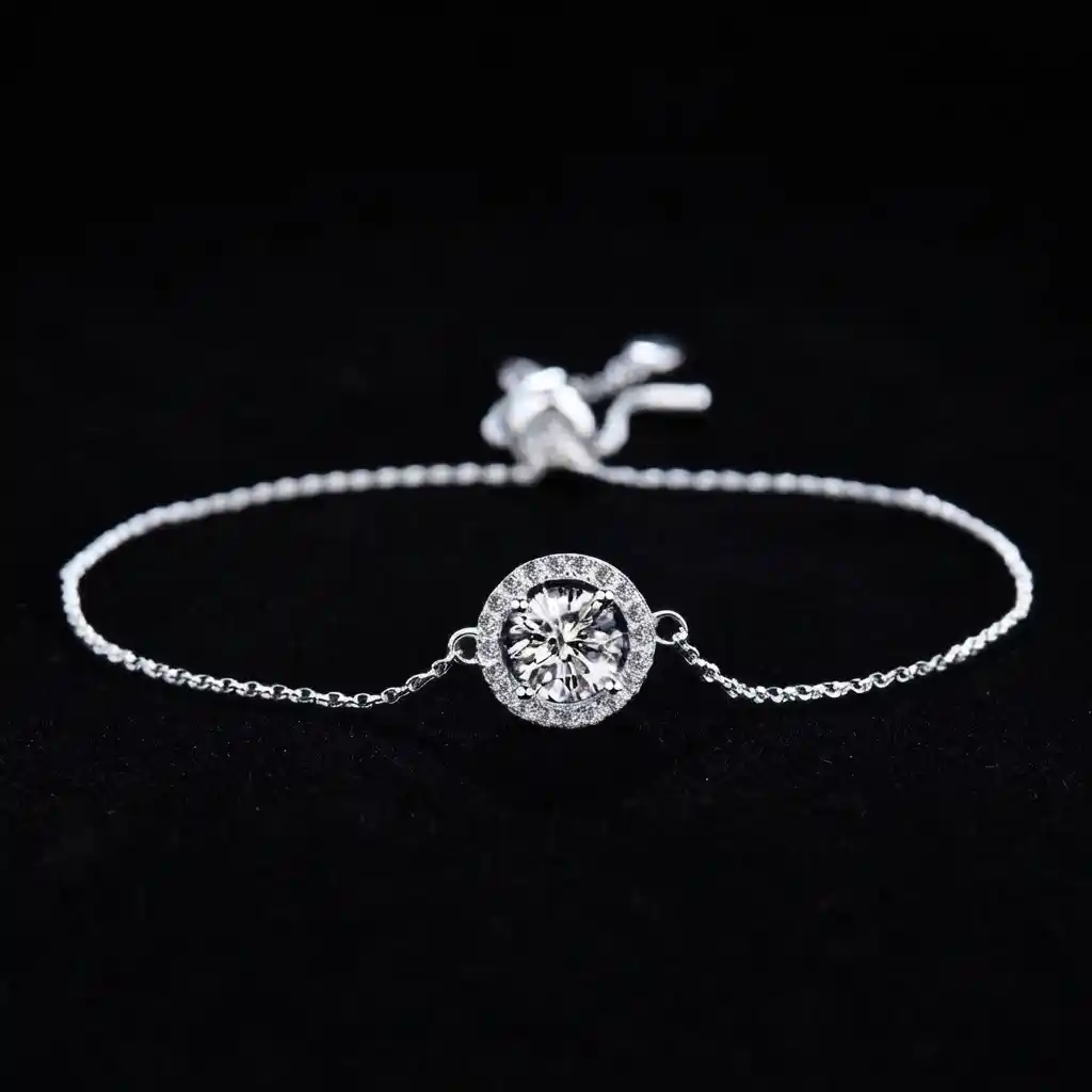 c75585c4-e7c8-4ab8-9ac7-9d73b83e49c4 Solitaire Halo Moissanite Charm Bracelet 925 Silver - Image 1