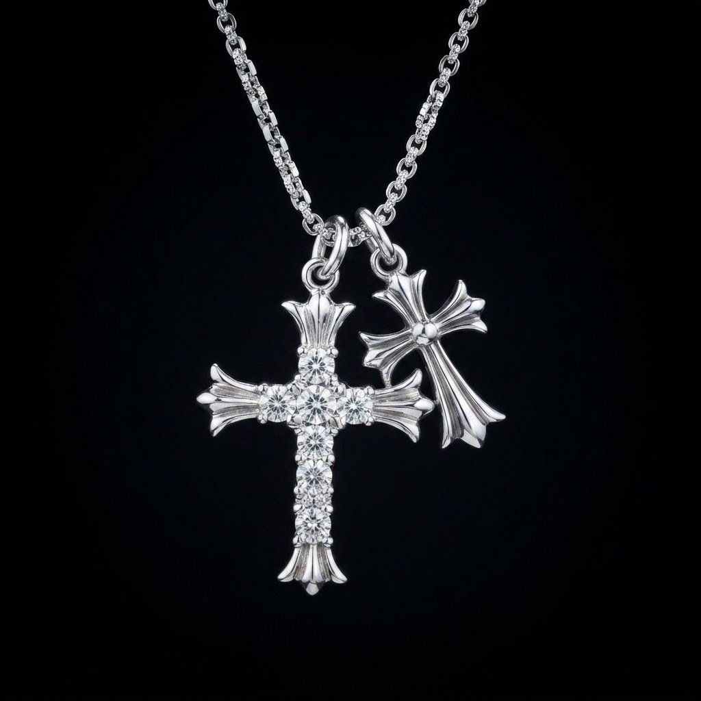 e4c5c89a-98ab-4f85-9a50-a4b77dfc3e4c Luxury Double Cross Moissanite Charm Pendant Necklace 925 Silver - Image 1