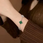 Green Agate Moissanite Clover Bracelet 925 Silver - Image 3
