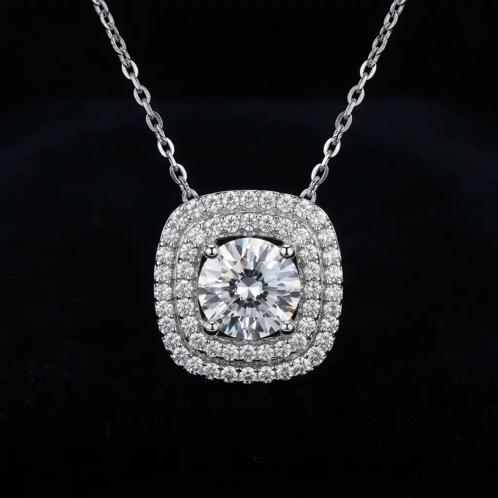 ea5243ef-aec2-4f52-9e6c-7b35c18db770 Luxury Double Halo Moissanite Pendant Necklace 925 Silver - Image 1